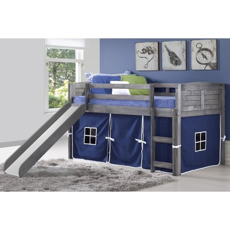 KD GABINETES PD-790AAG-B-785AG Twin Size Louver Low Loft with Slide & Blue Tent in Antique Grey KD2641009